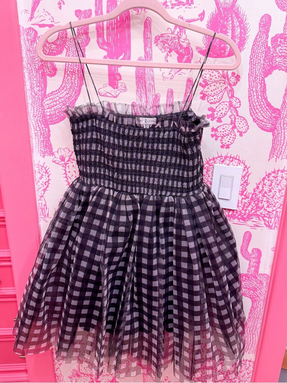 Rare London Black and Gray Gingham Smocked Tulle Dress